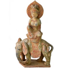 Pottery Buddha Statue, Goddess of Kindness, Tang Style Bodhisattva on Elephant