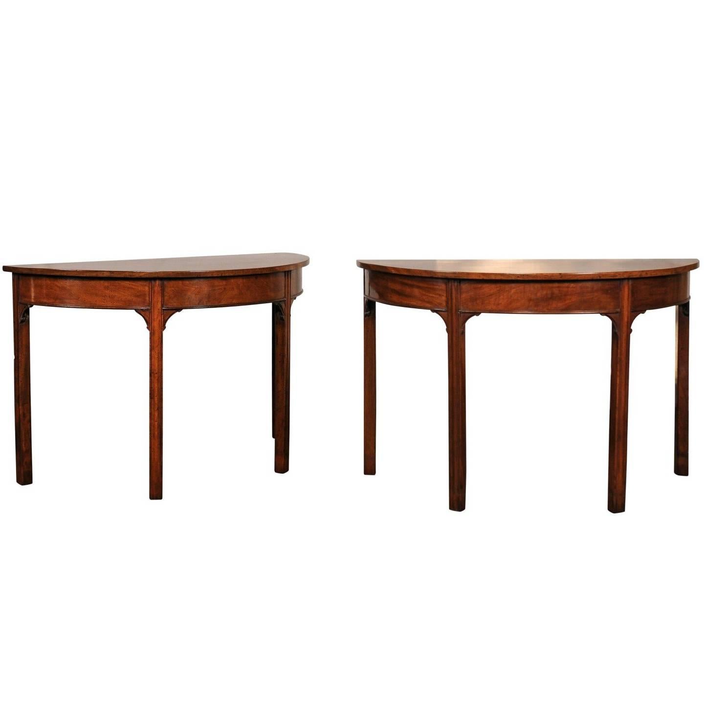 Pair of circa 1800 English Georgian Mahogany Demilune Consoles