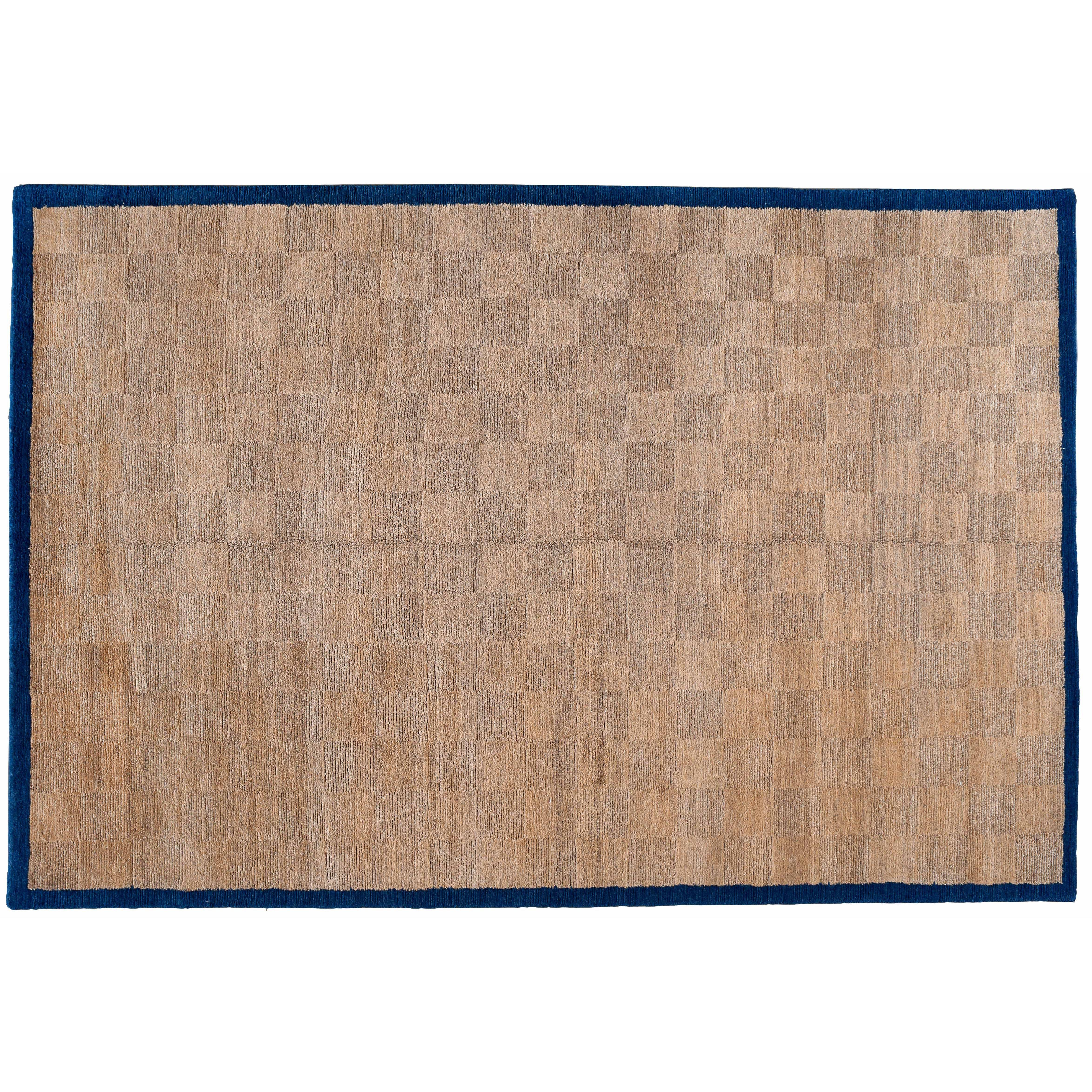 Tone on Tone Checkered Rug with Navy Border For Sale