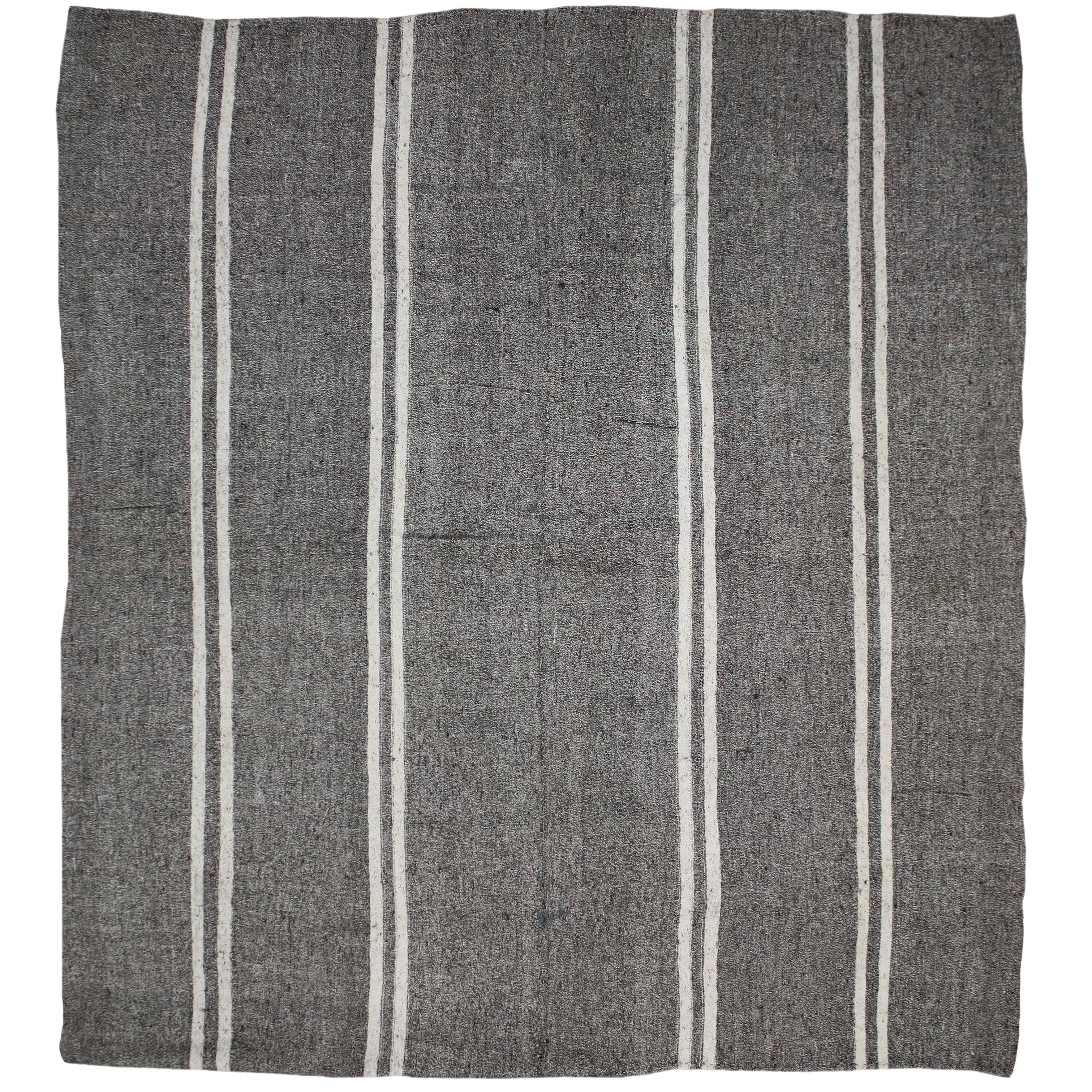 Modern Vintage Gray Stripe Turkish Kilim Rug with Minimalist Style, Square Rug