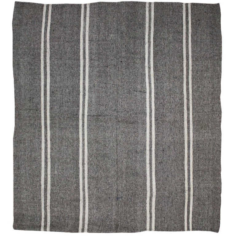 Modern Vintage Gray Stripe Turkish Kilim Rug with Minimalist Style