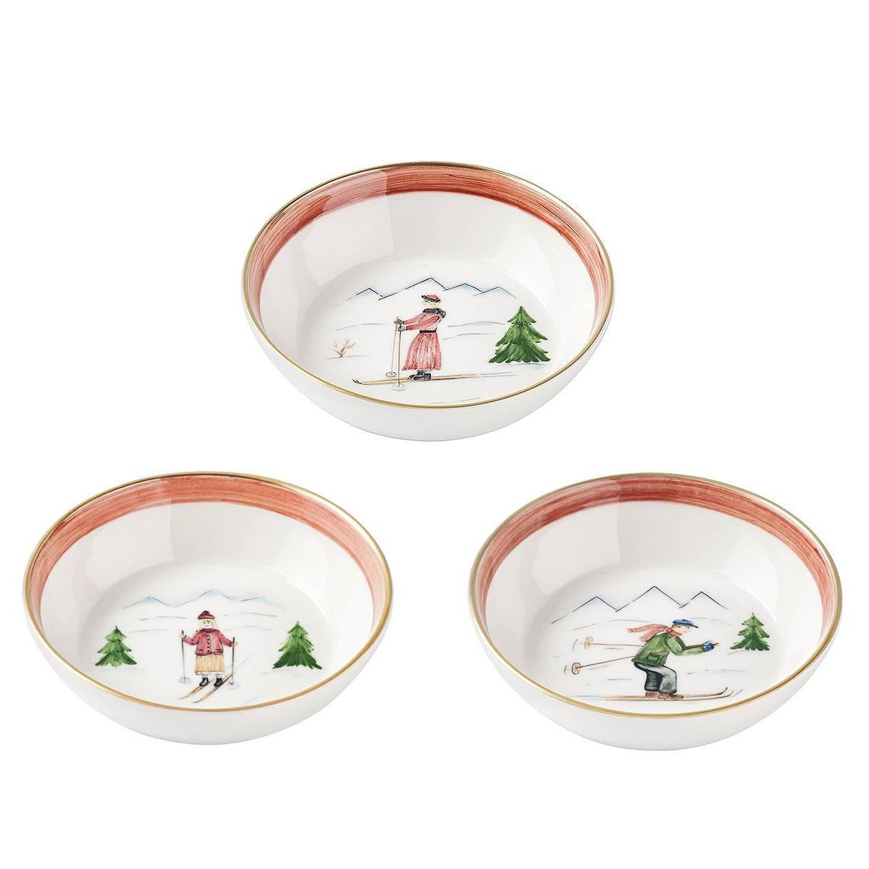 Country Style Set of Three Porcelain Dishes with Skier Decor Sofina Boutique For Sale