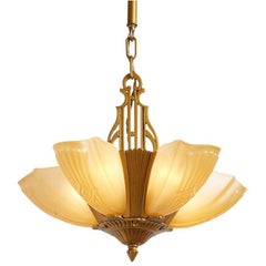 Five-Light Slipper Shade Chandelier with Rich Gold Finish, circa 1930s