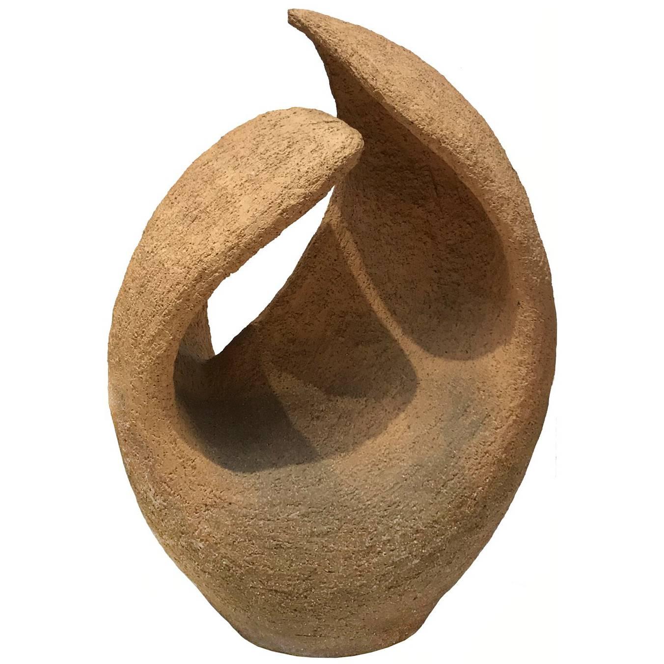 1970s Abstract Folded Oval Terracotta Sculpture