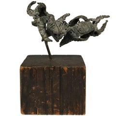 Small 1970s Brutalist Iron Sculpture on Grooved Rectangular Wood Base