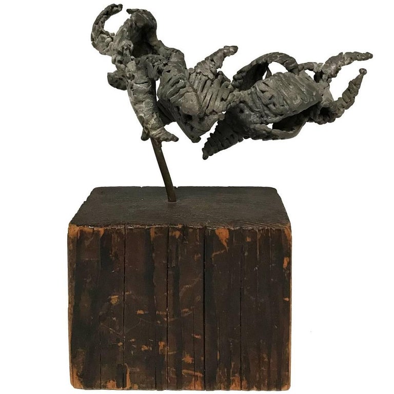 Small 1970s Brutalist Iron Sculpture on Grooved Rectangular Wood Base For Sale