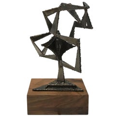 1970s Torch Cut Metal Abstract Sculpture on Rectangular Wood Base