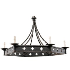 French Mid-20th Century Hexagonal Iron Six-Light Chandelier with Clover Cutouts