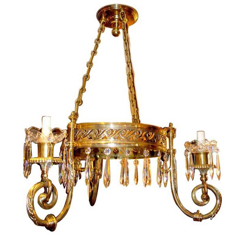 Pair of Neoclassic Gilt Bronze Chandeliers For Sale
