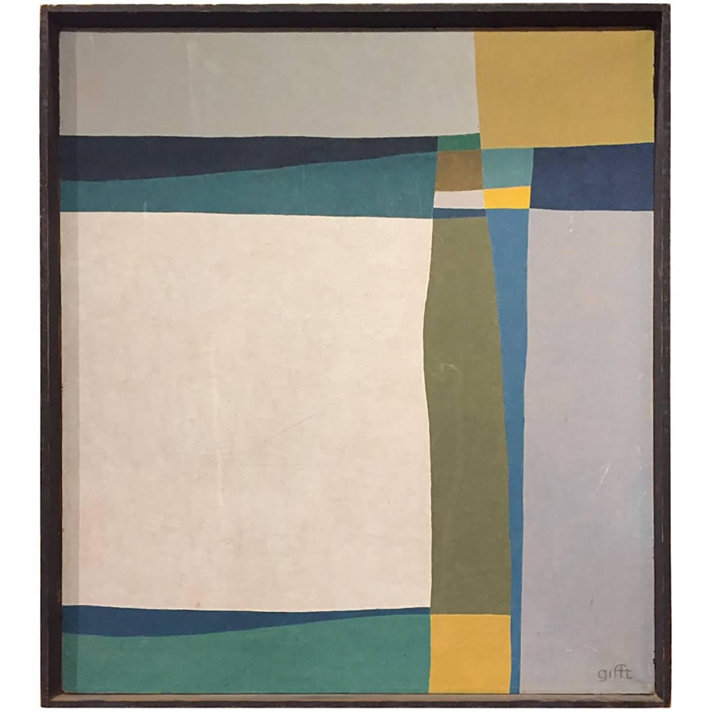 1970s Geometric Abstract Painting in Blues, Greens, Greys and Yellows