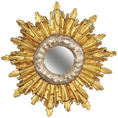 Unusual Baroque Style Silver and Gold Giltwood Mini Sunburst Mirror, Spain 1920s