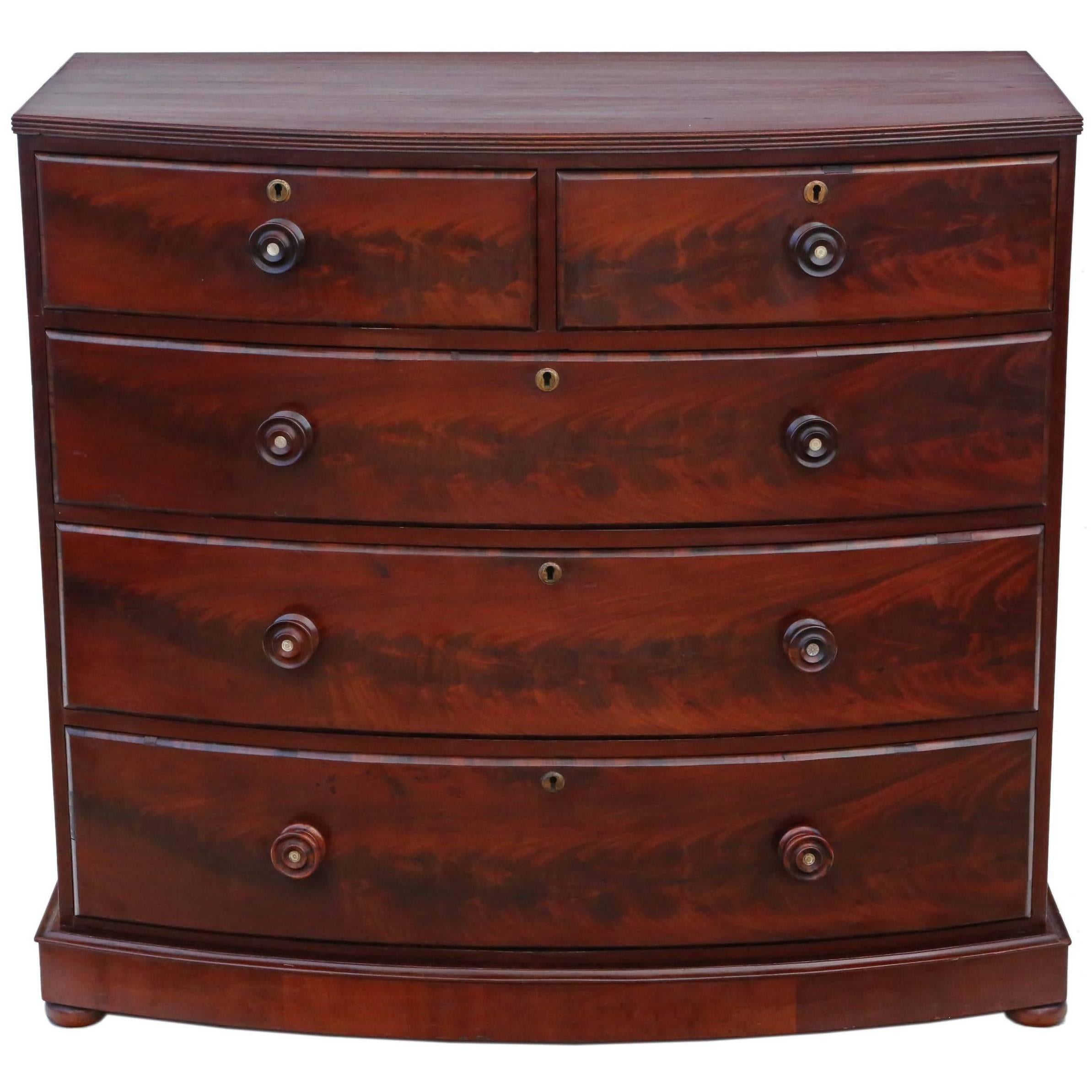 Antique Victorian Flame Mahogany Bow Front Chest of Drawers For Sale