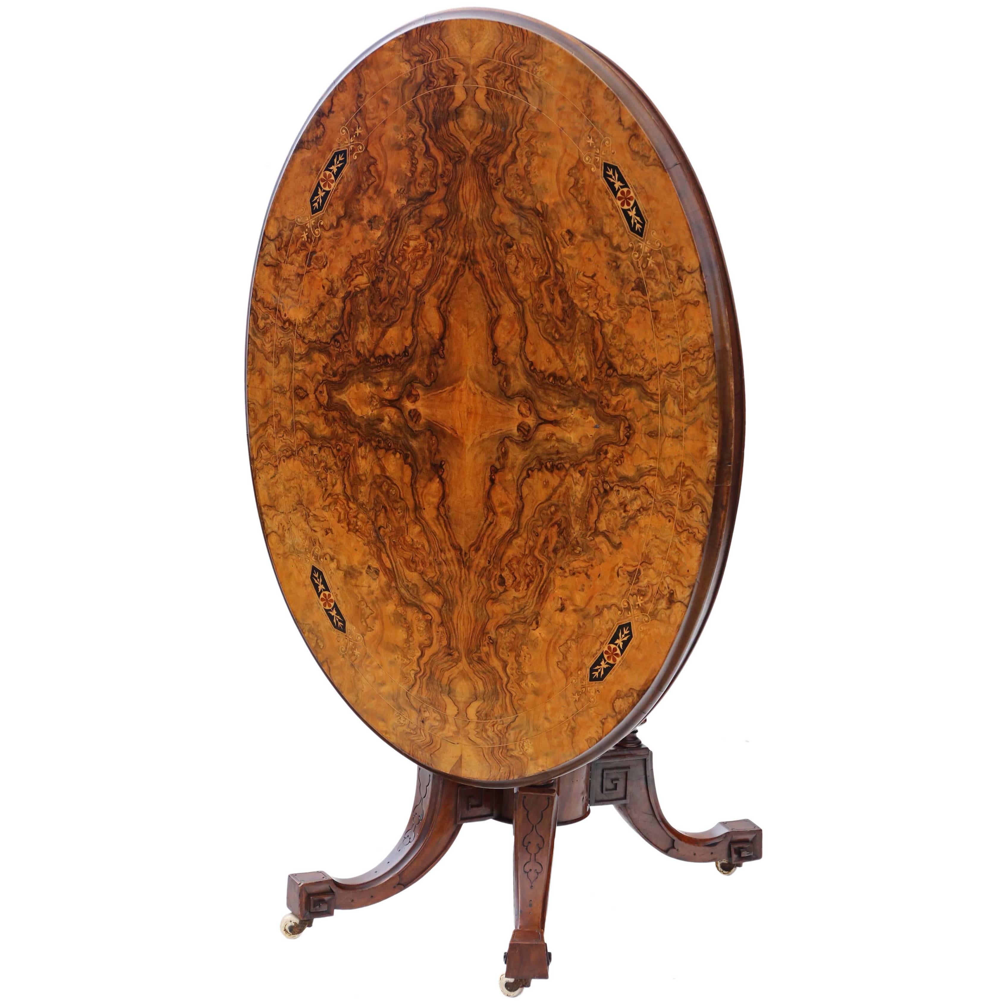Antique Victorian Aesthetic Burr Walnut Oval Loo Breakfast Table Tilt-Top For Sale