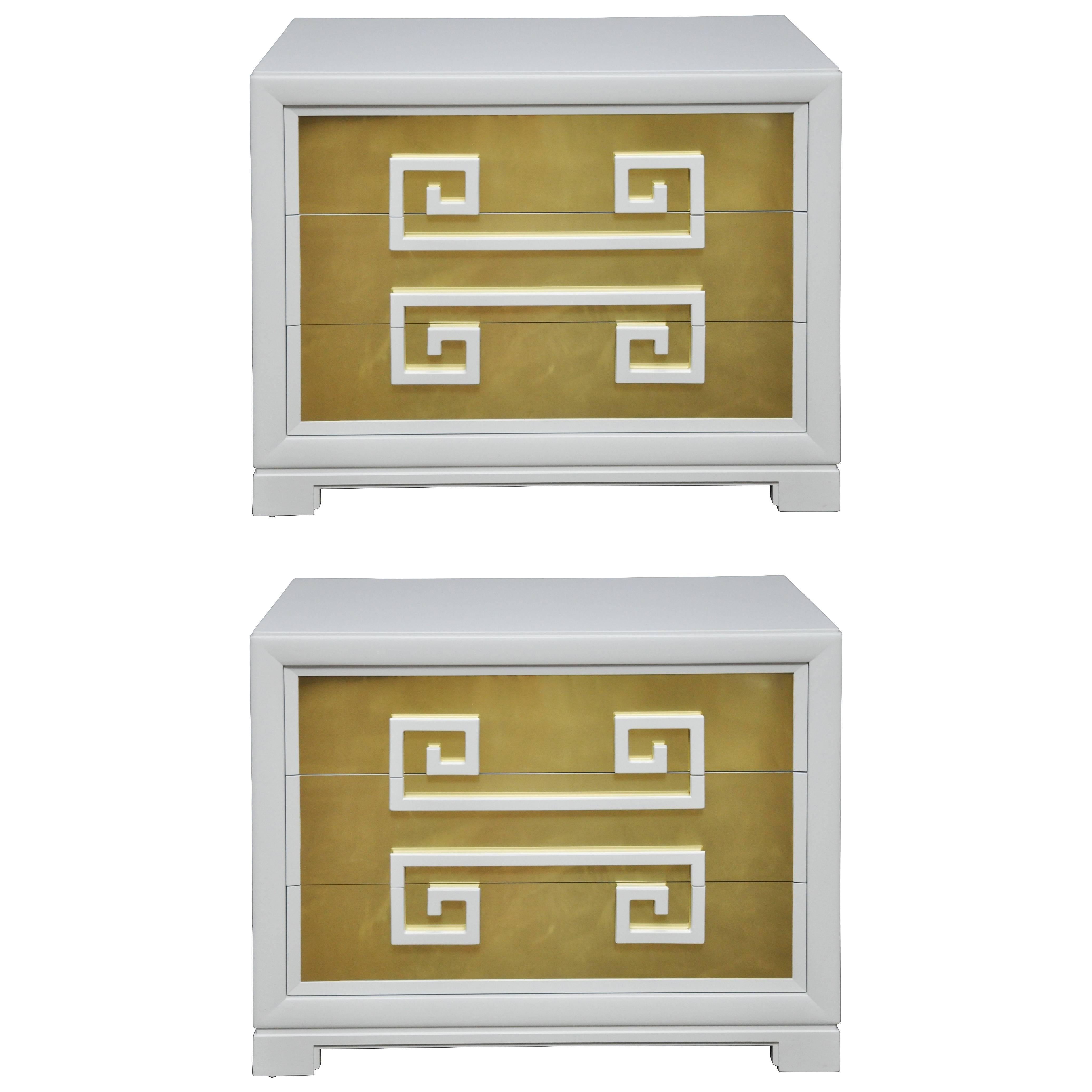 Kittinger "Greek Key Chests" in White Lacquer with Brass-Clad Drawer Fronts