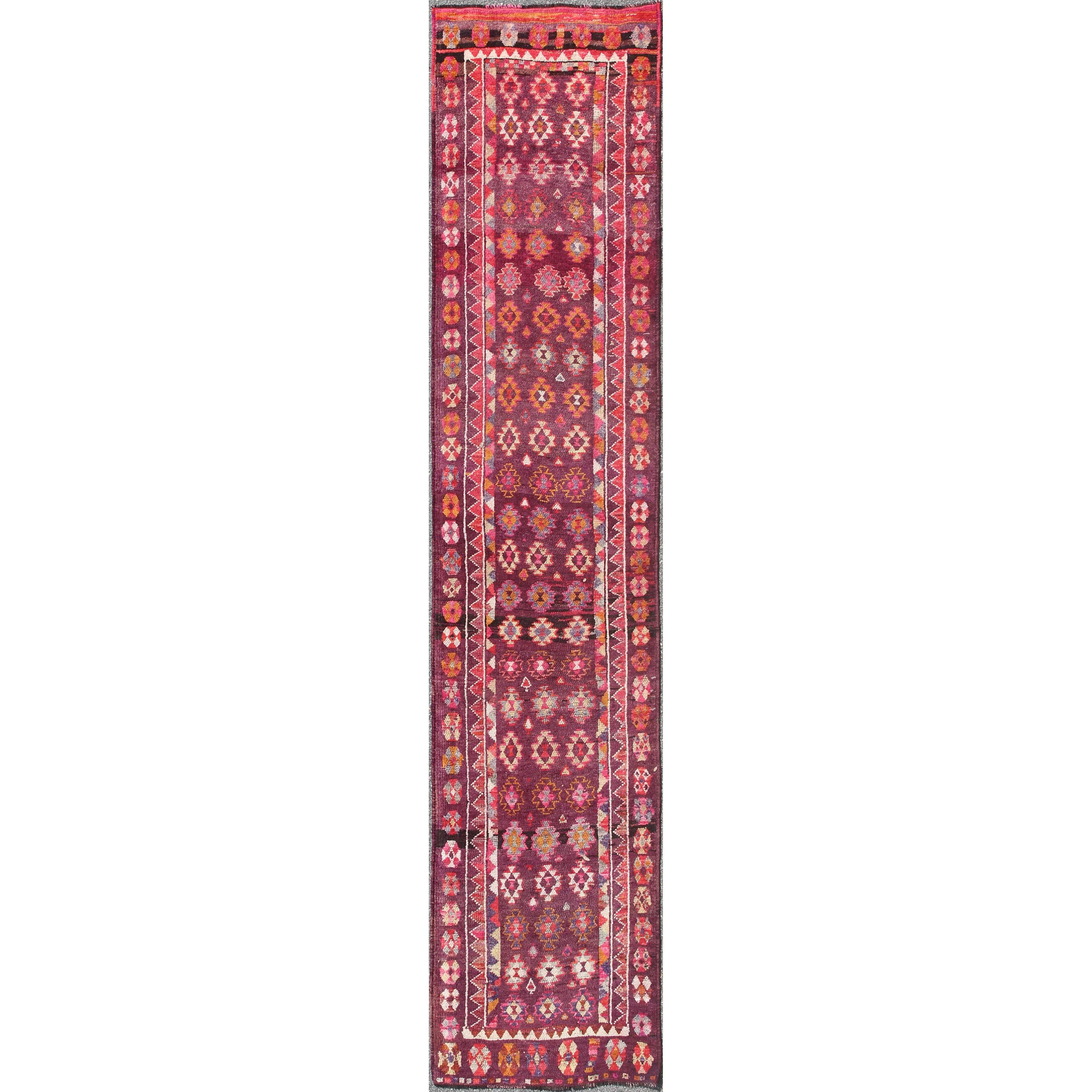 Colorful vintage Turkish Oushak Long runner in Purple & Plum background For Sale