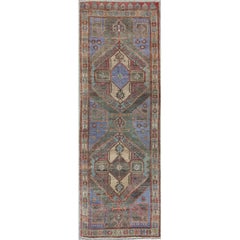Dual Medallion Vintage Turkish Oushak Runner with Geometric Design in Blue