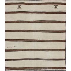 Vintage Turkish Kilim Rug in Cream with Horizontal Brown Stripes 
Tribal Shapes