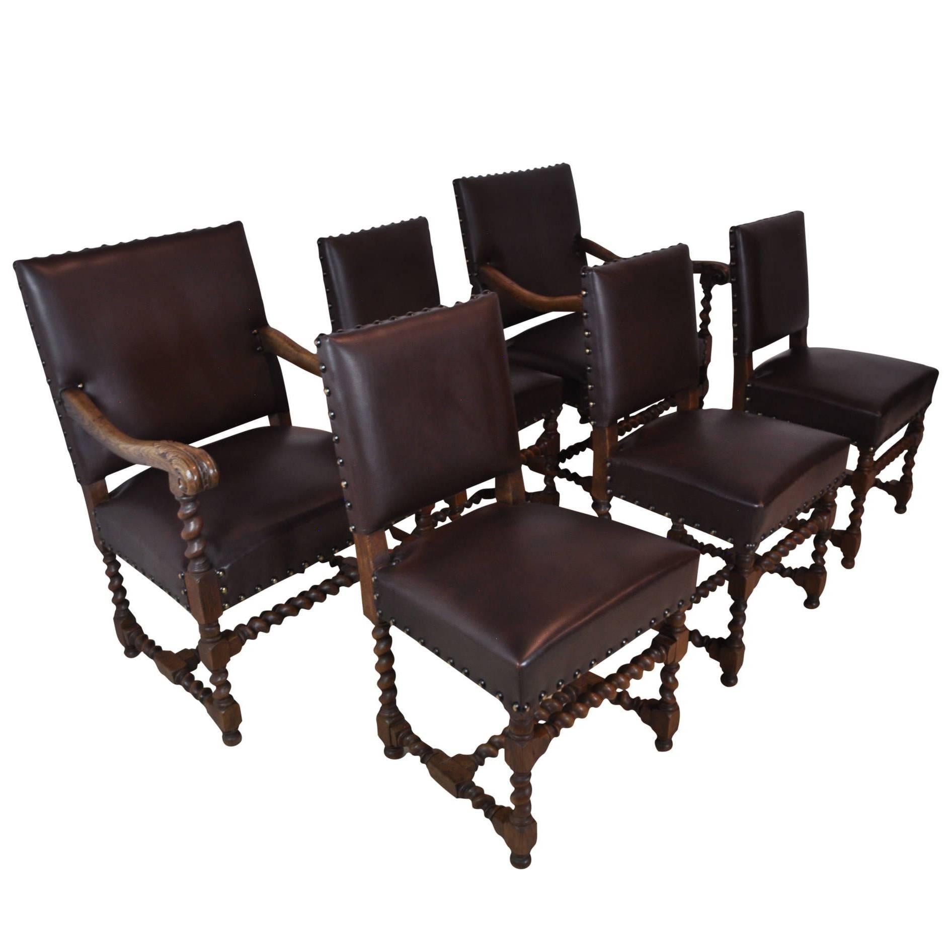 French Barley Twist Chairs with Leather, Set of Six, circa 1910, 'Reupholstered'