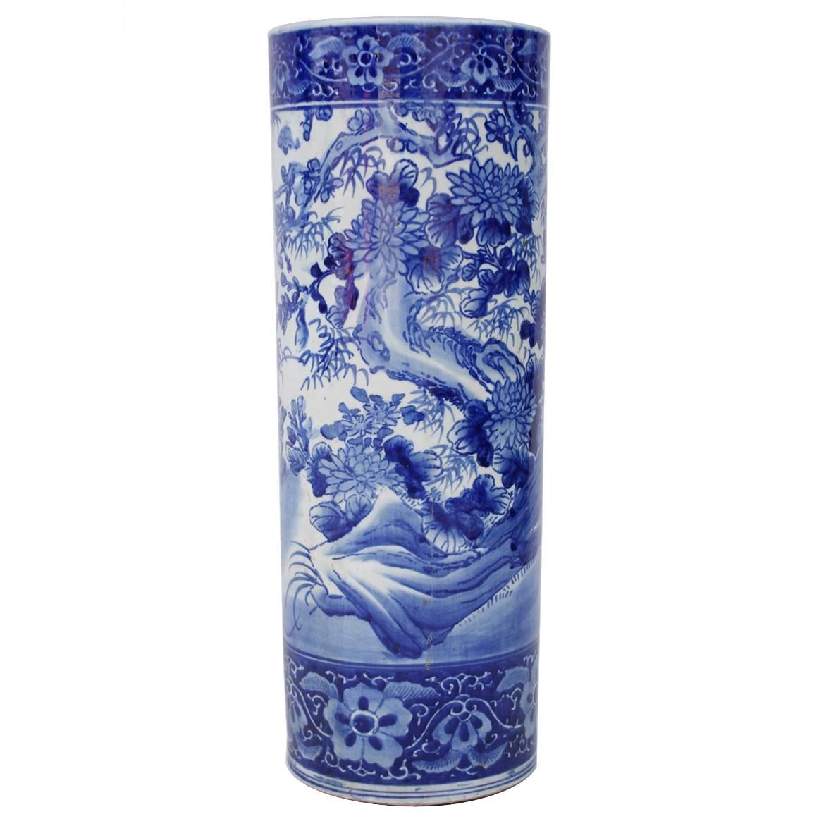 Chinese Blue and White Umbrella Stand in Porcelain, 19th Century