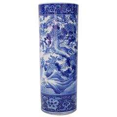 Antique Chinese Blue and White Umbrella Stand in Porcelain, 19th Century