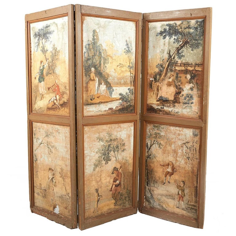 Antique French Painted ThreePanel Screen For Sale at 1stdibs