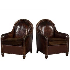 Pair of Antique Distressed Leather Art Deco French Club Chairs