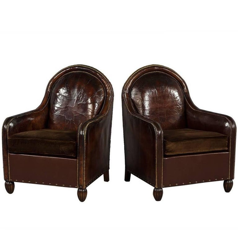 Pair Of Antique Distressed Leather Art Deco French Club Chairs At Pair of Antique Distressed Leather Art Deco French Club Chairs For Sale - Pair Of Antique Distressed Leather Art Deco French Club Chairs At