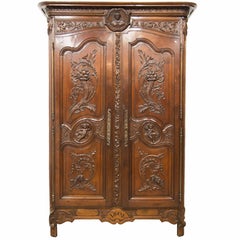 French Marriage Wardrobe with Sculptured Oak Panels, Made in 1801