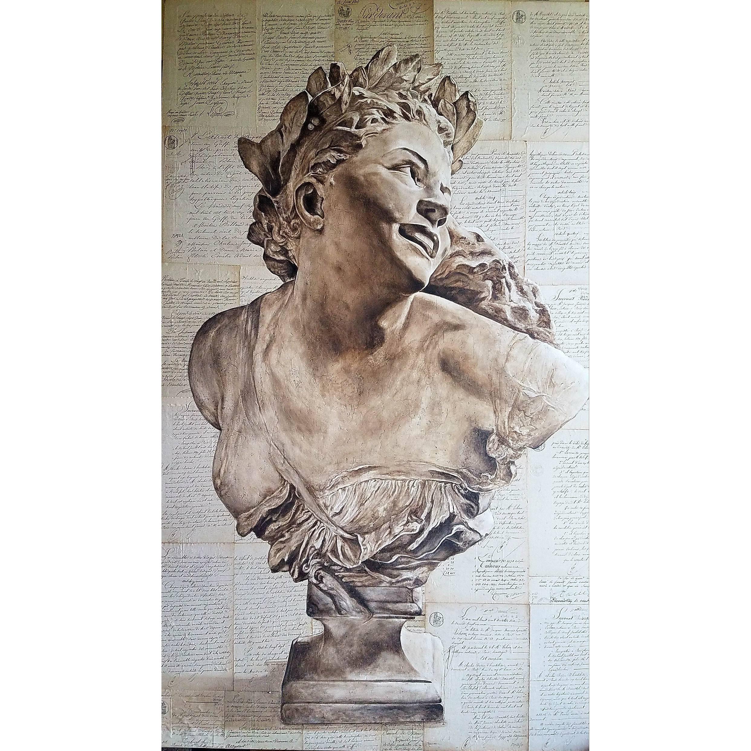Original Oil on Wood Panel, 19th Century Sculpture over Antique French Document