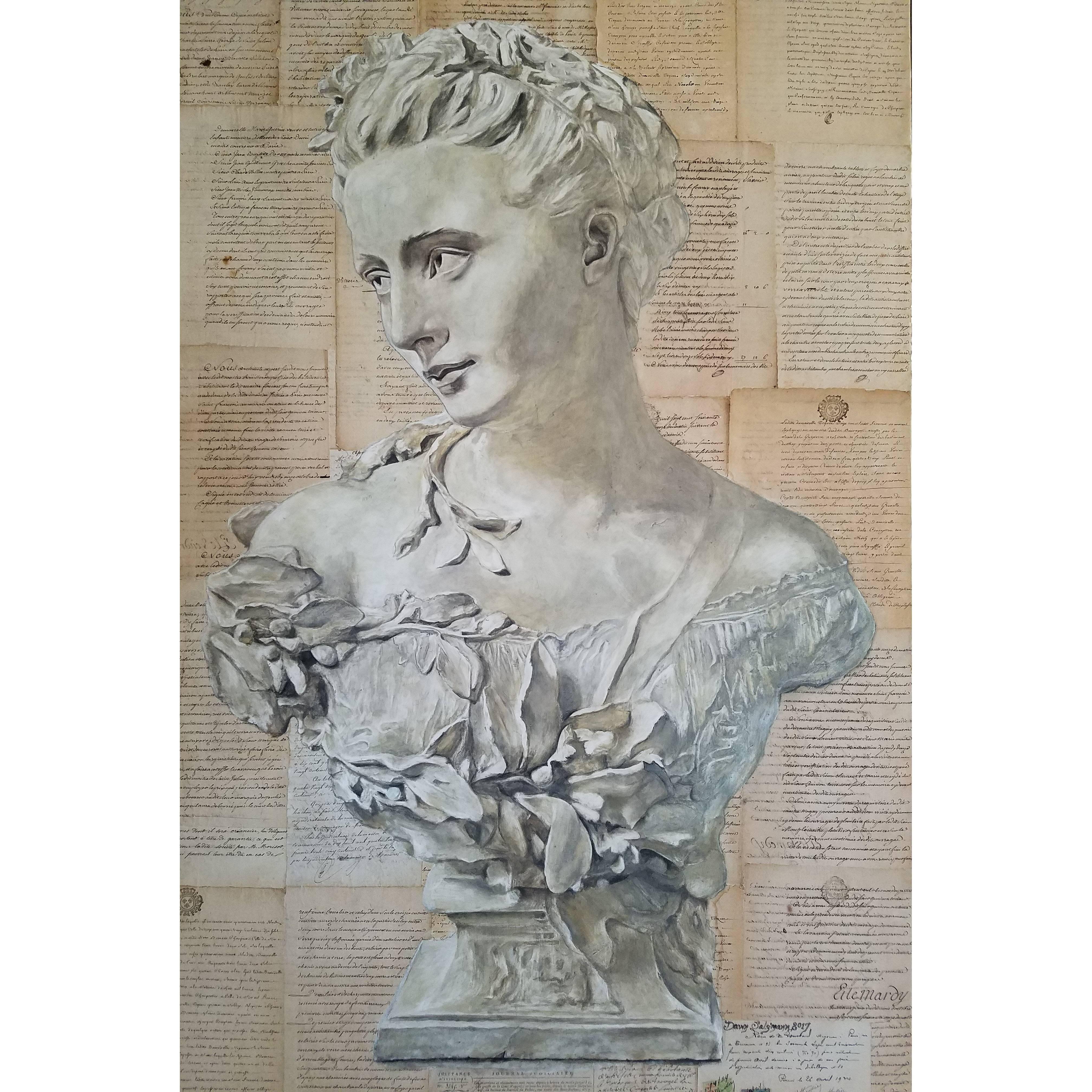 Original Oil on Wood Panel 19th Century Sculpture over Antique French Document For Sale