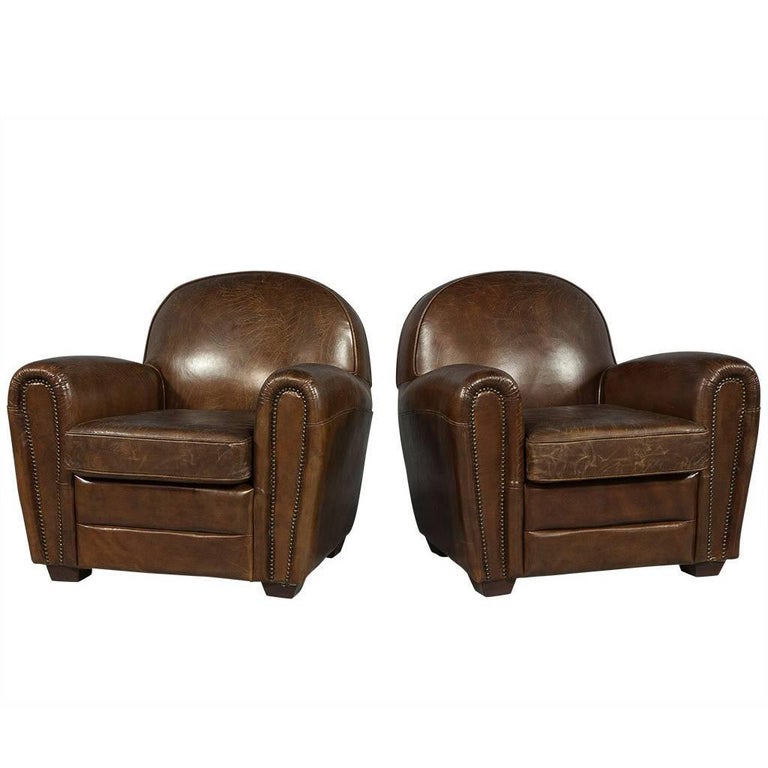 Pair Of Compact Distressed Brown Leather Club Chairs At 1stdibs Pair Of Compact Distressed Brown Leather Club Chairs For