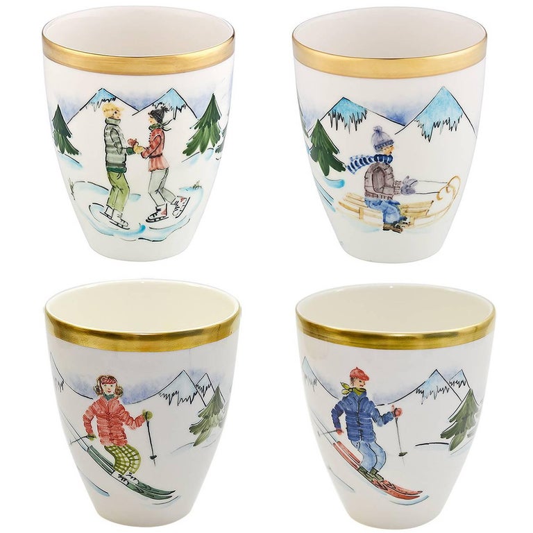  Set of Four Porcelain Vases with Skier Decor Sofina Boutique Kitzbuehel For Sale