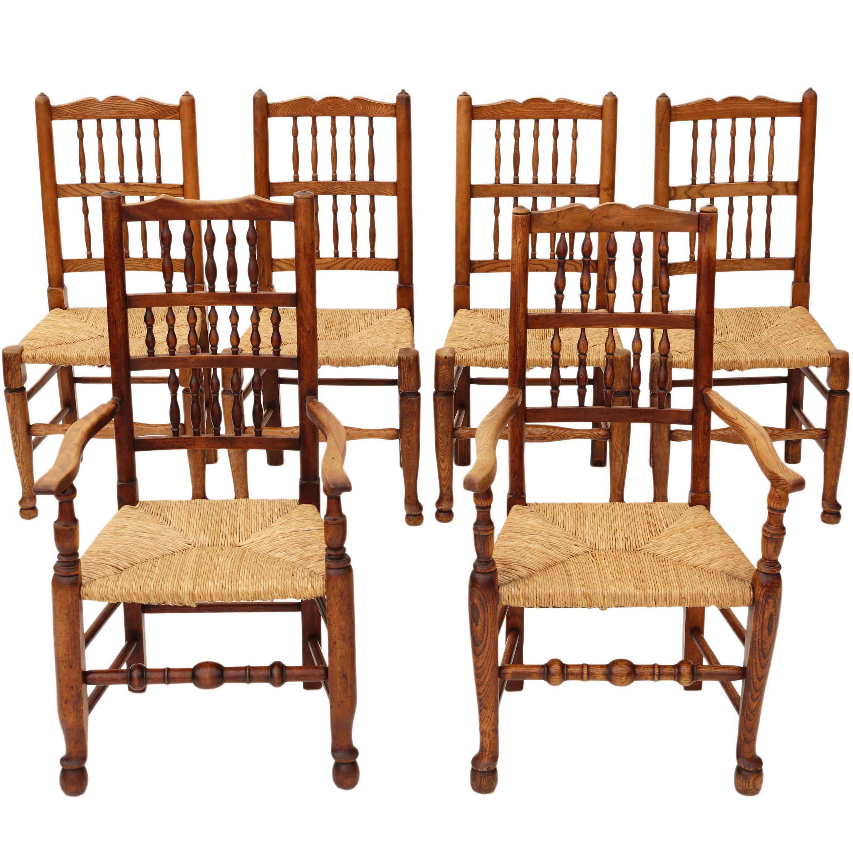 Antique Set of Six Victorian Lancashire Elm Kitchen Dining Chairs For Sale