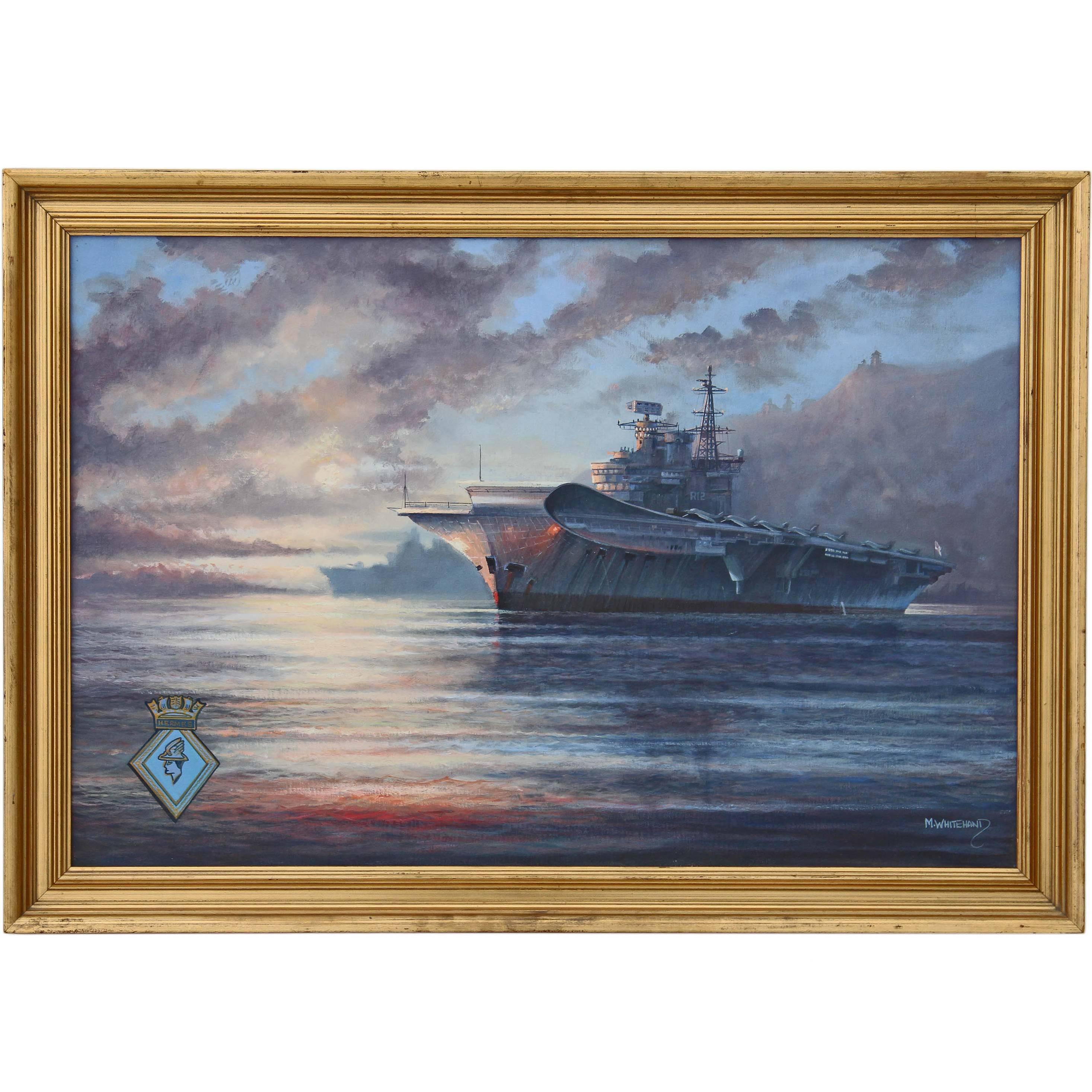 Quality Large Oil Painting M J Whitehand HMS Hermes Aircraft Carrier Naval For Sale