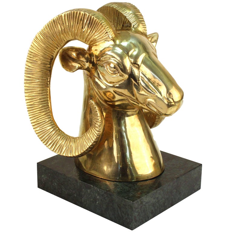 1970s Modernist Brass Ram's Head Sculpture with Glass Horns For Sale at