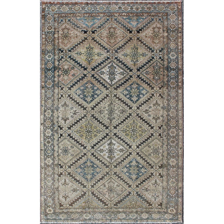 Antique Persian Malayer Rug with Cream and Blue Floral Diamond AllOver