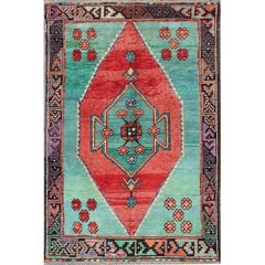 Brightly Colored Rug Turkish Vintage with Medallion and Geometric Flowers