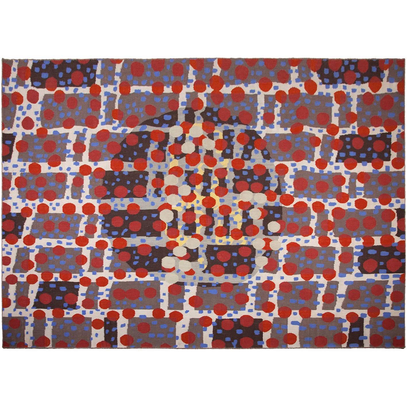 Rafa Forteza Rectangular Indian Wool Rug Grey, Black, Blue, and red ´Fluctus C´ For Sale