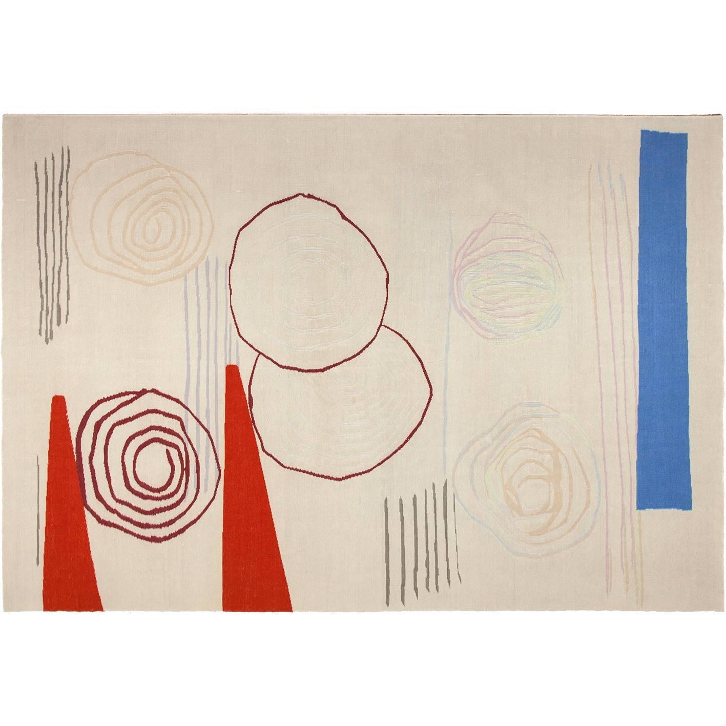 Rafa Forteza Rectangular Modern Indian Wool Rug Beige, blue and red ´Fluctus B ´ For Sale