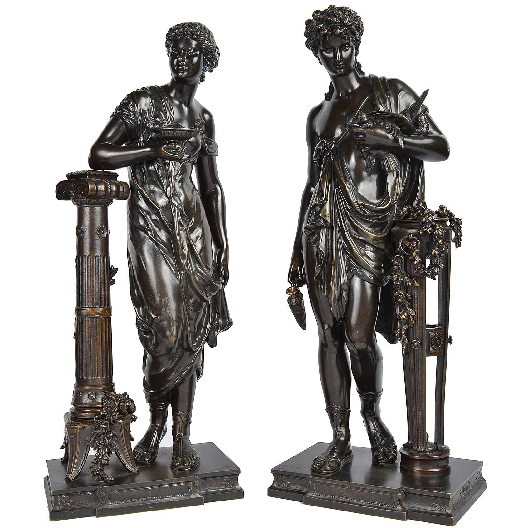 Pair of Classical Grecho Bronze Statues of Classical Females by Dumaige For Sale
