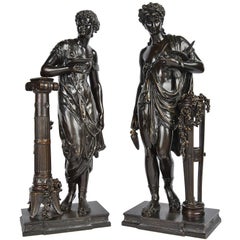 Antique Pair of Classical Grecho Bronze Statues of Classical Females by Dumaige