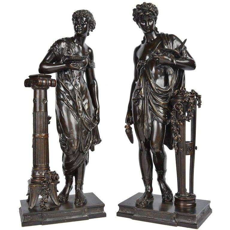 Pair of Classical Grecho Bronze Statues of Classical Females by Dumaige For Sale at 1stDibs