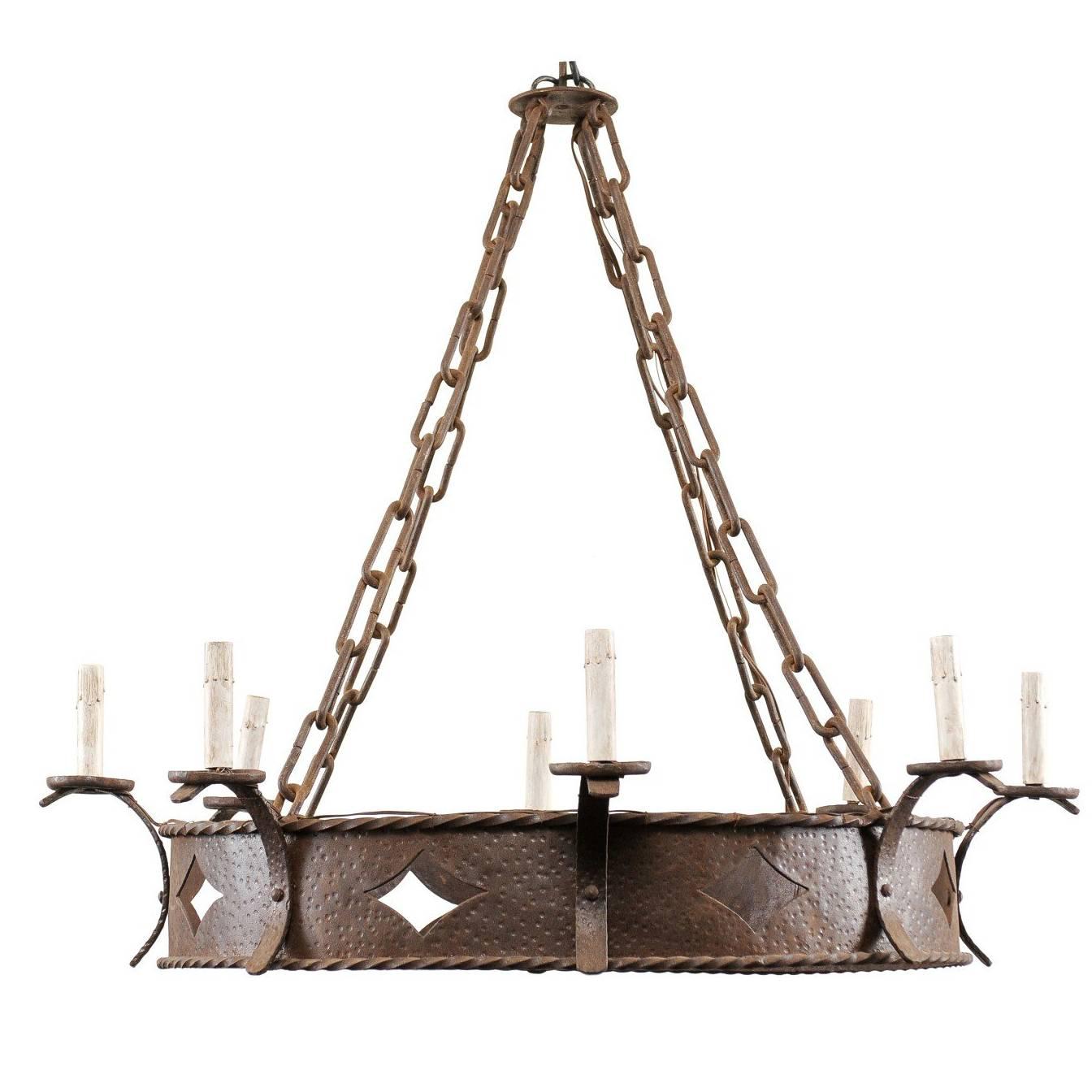 French Midcentury Ring Shaped Wrought Iron Chandelier with Diamond Motifs