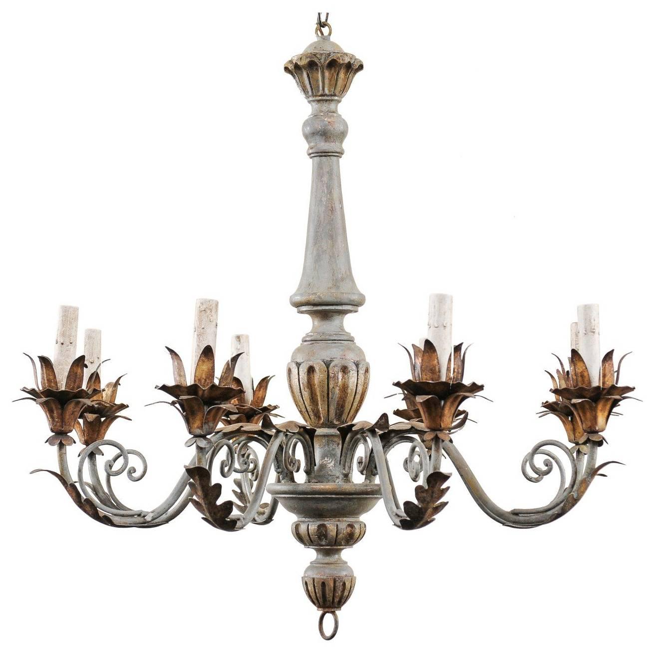 French Painted and Gilded Eight-Light Wood and Metal Chandelier in Grey-Blue