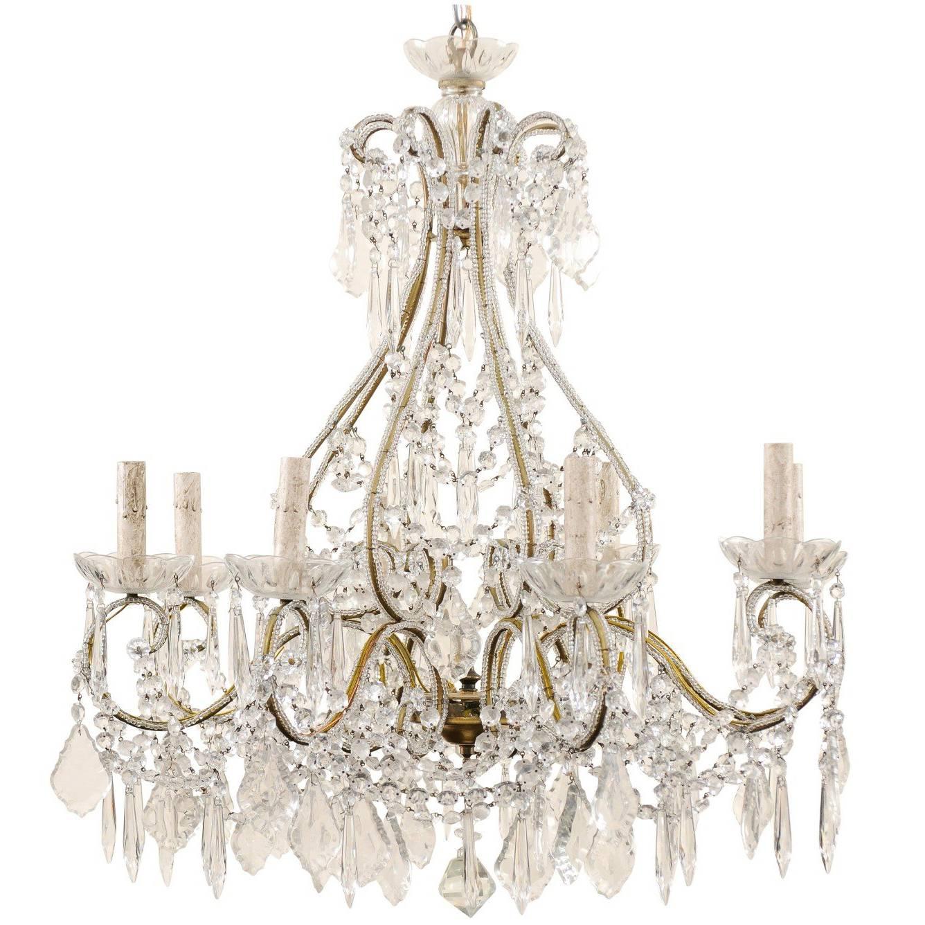 French Mid-20th Century Crystal Chandelier with Gilded and Beaded Armature