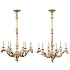 Pair of French Painted Wood Vintage Chandeliers in Neutral Cream & Beige Colors