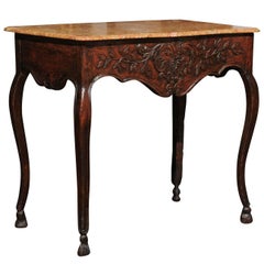 French 1780s Louis XV Style Walnut Console Table with Marble Top and Side Drawer