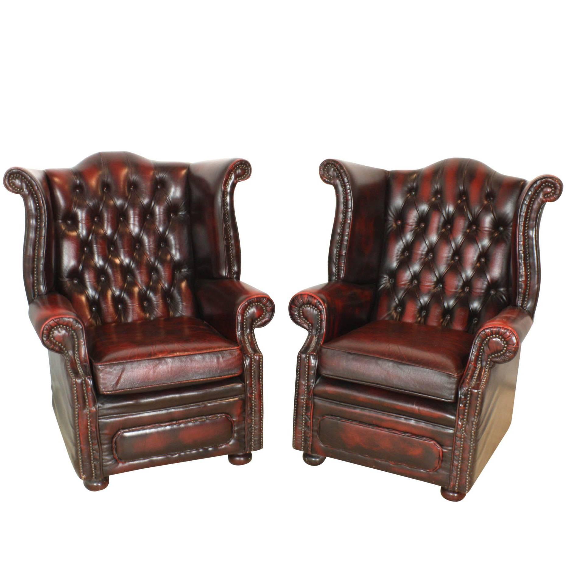 Set of Two English Chesterfield Wingback Oxblood Leather Chairs, circa 1930