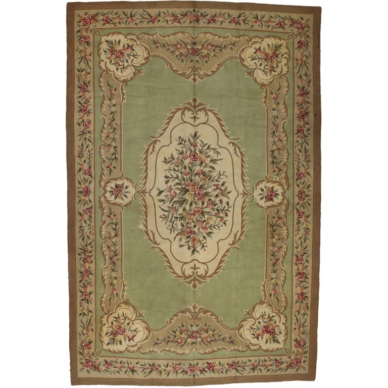 Antique Aubusson Style Hooked Rug French Provincial Style For Sale at