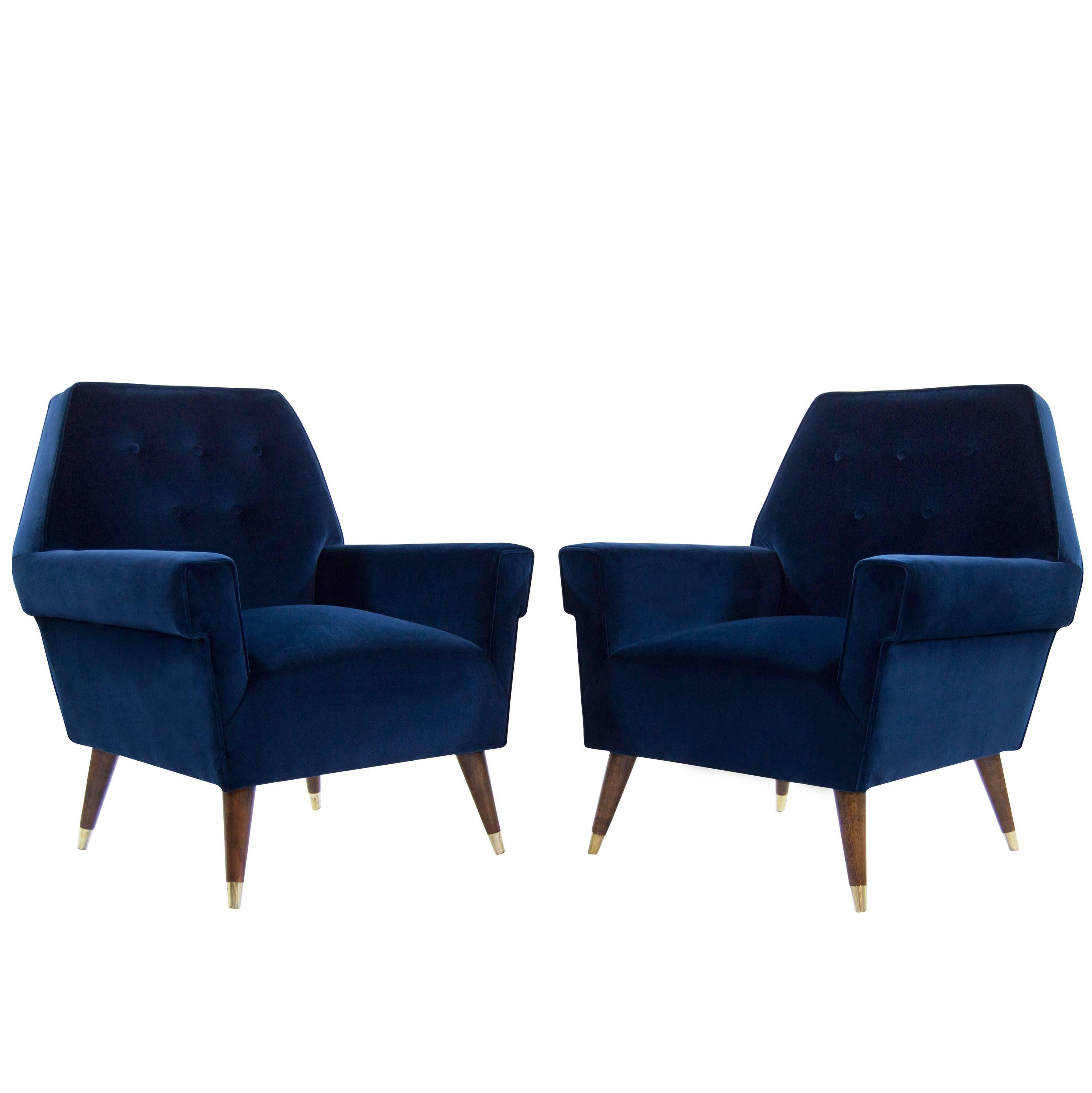 Italian Navy Blue Velvet Lounge Chairs with Splayed Legs